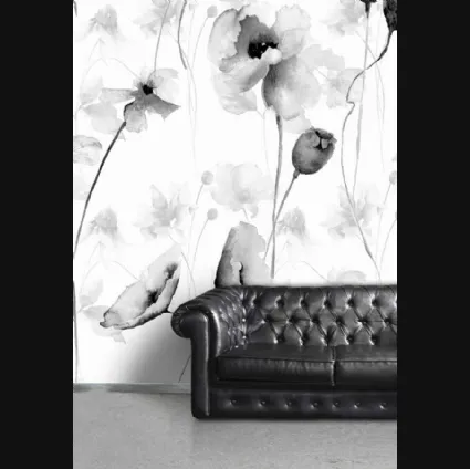 Carta da parati Grafiche Floreali CP0126 con papaveri acquarellati in bianco e nero di Pintdecor