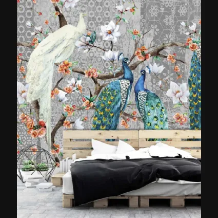 Carta da parati Oriental Birds CP0284 con pavoni e fiori di Pintdecor