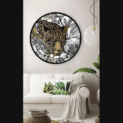 Quadro tondo Leopardo con cornice in metallo di Pintdecor