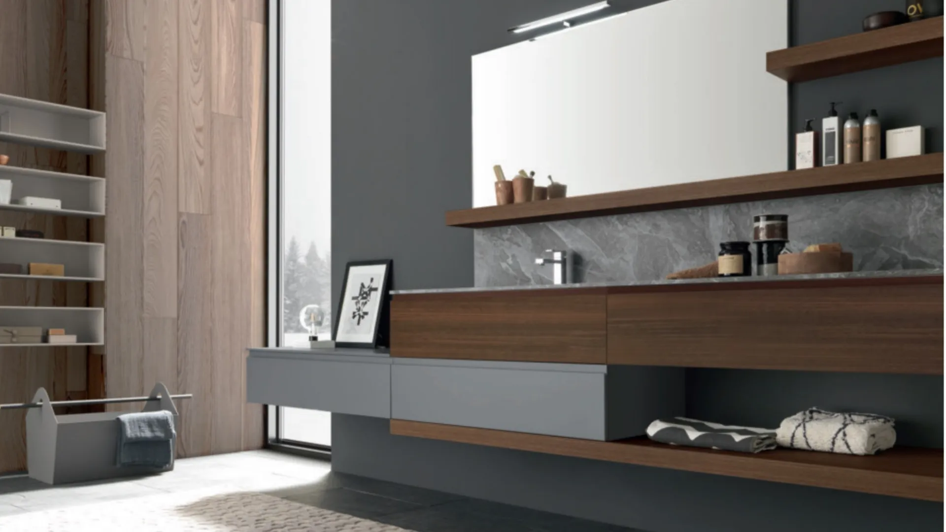 Mobile da Bagno sospeso M1 System C112 in laccato opaco Grigio Lavagna e melaminico Eucalipto Sablè Termocottodi Baxar