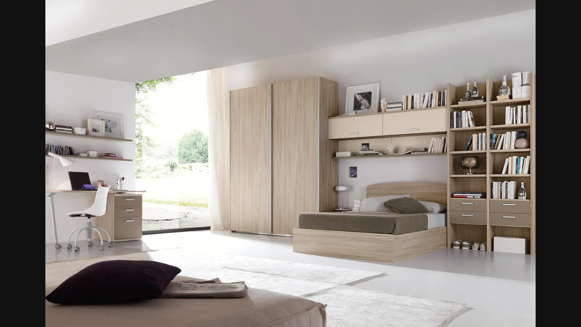 Cameretta a ponte in melaminico e laccato con letto matrimoniale con contenitore Composizione EN03 di S75