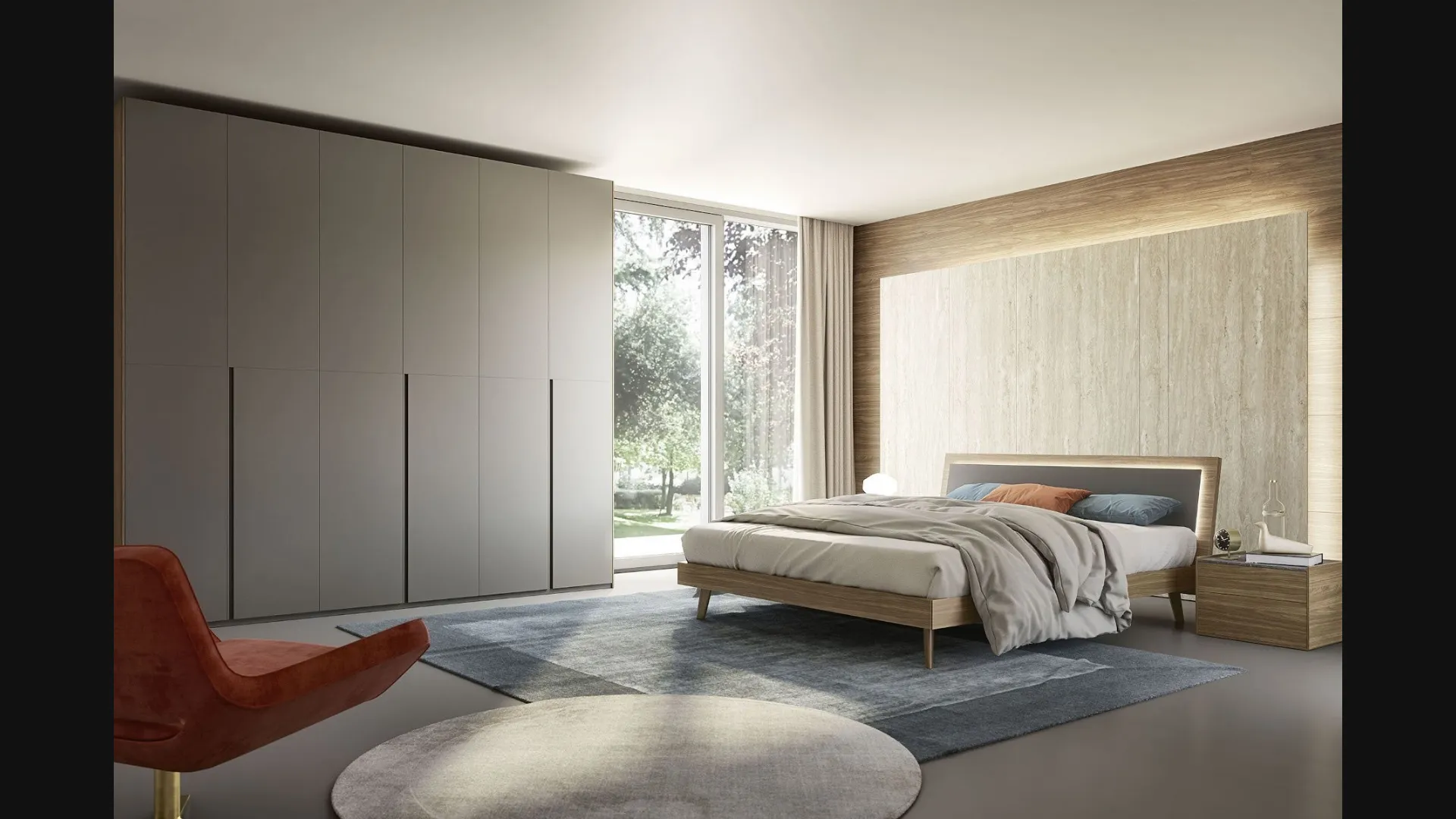 Letto in melaminico finitura noce con testiera in pelle con led Tahiti Led di S75
