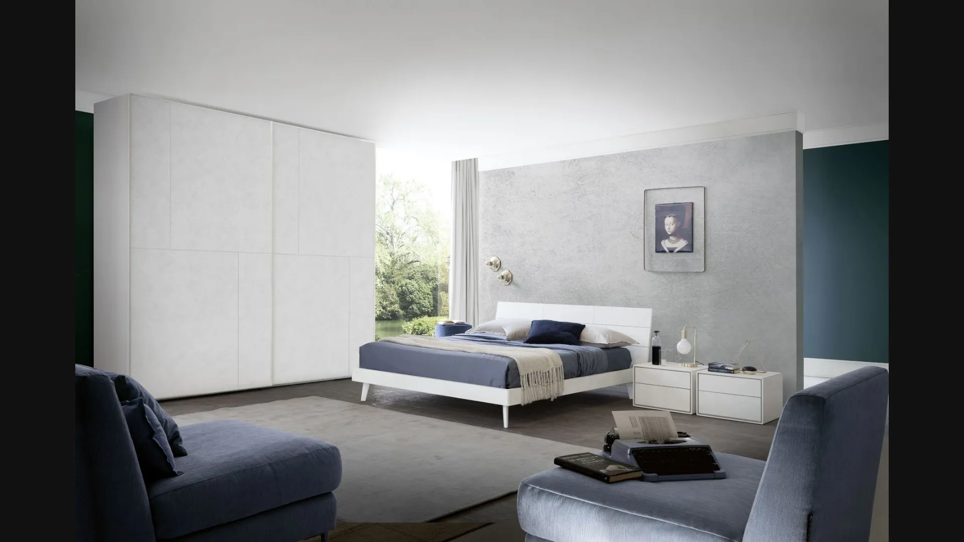 Letto con testiera in finitura cemento bianco Wall di S75