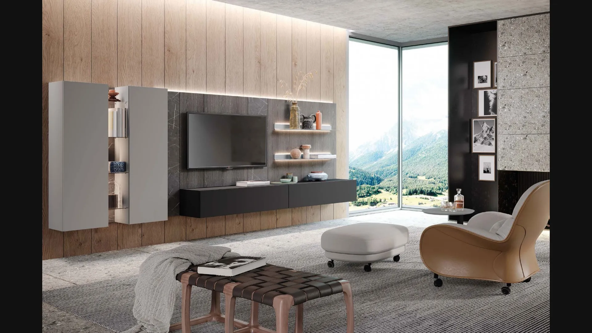 Parete Attrezzata Skyline Landscape & Feelings in laccato e Rovere grigio di Astor Mobili