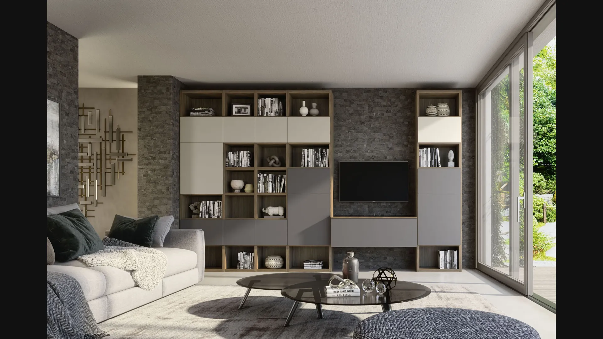 Parete Attrezzata in finitura beige e grey Supreme Ingrid Noce 01 di S75